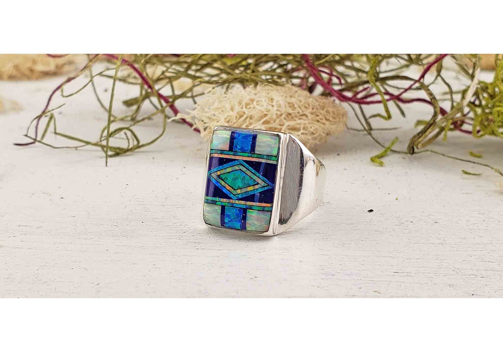 Gemstone Inlay Sterling Silver Ring with Opal and Onyx 3