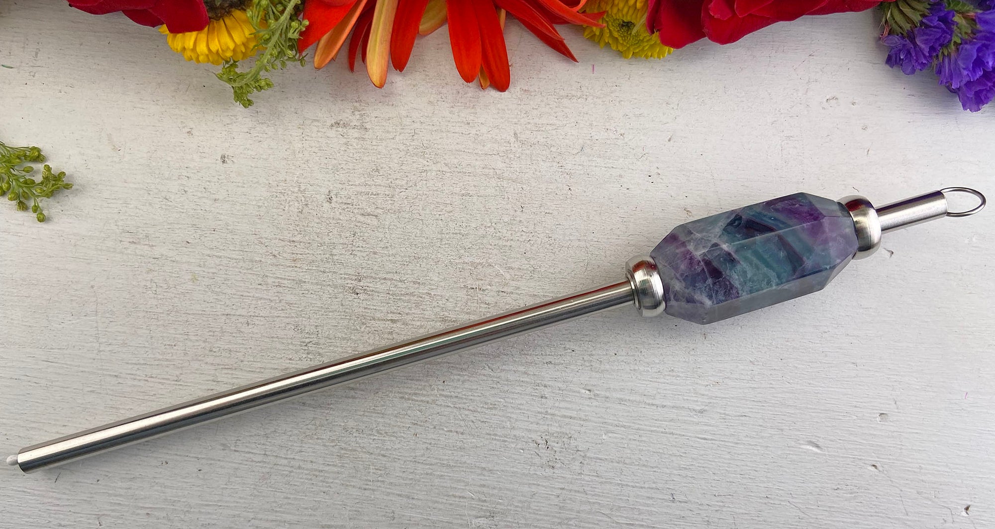 Stainless Steel Reusable Straw with Gemstone Accent - Fluorite