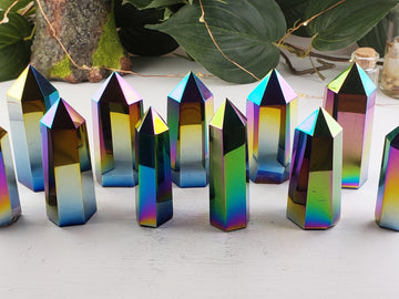 Rainbow Titanium Aura Quartz Tower Obelisk | Crystal Gemstone Shop.
