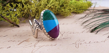 Vintage Sterling Silver, Agate, Turquoise, and Malachite Ring - Size 6