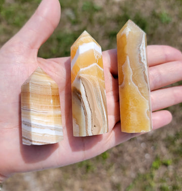 Yellow Banded Gold Calcite Gemstone Point Tower Obelisk